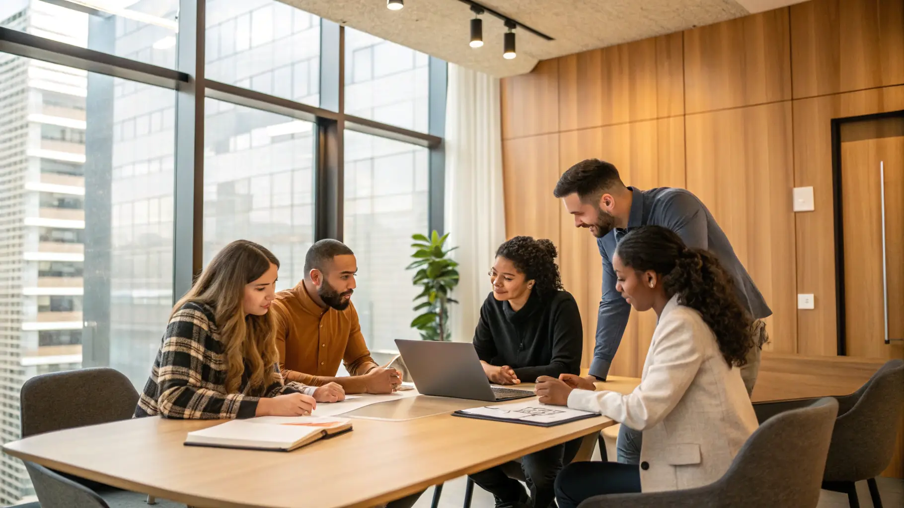 A diverse team of business coaches collaborating in a modern office setting, symbolizing teamwork and expertise.