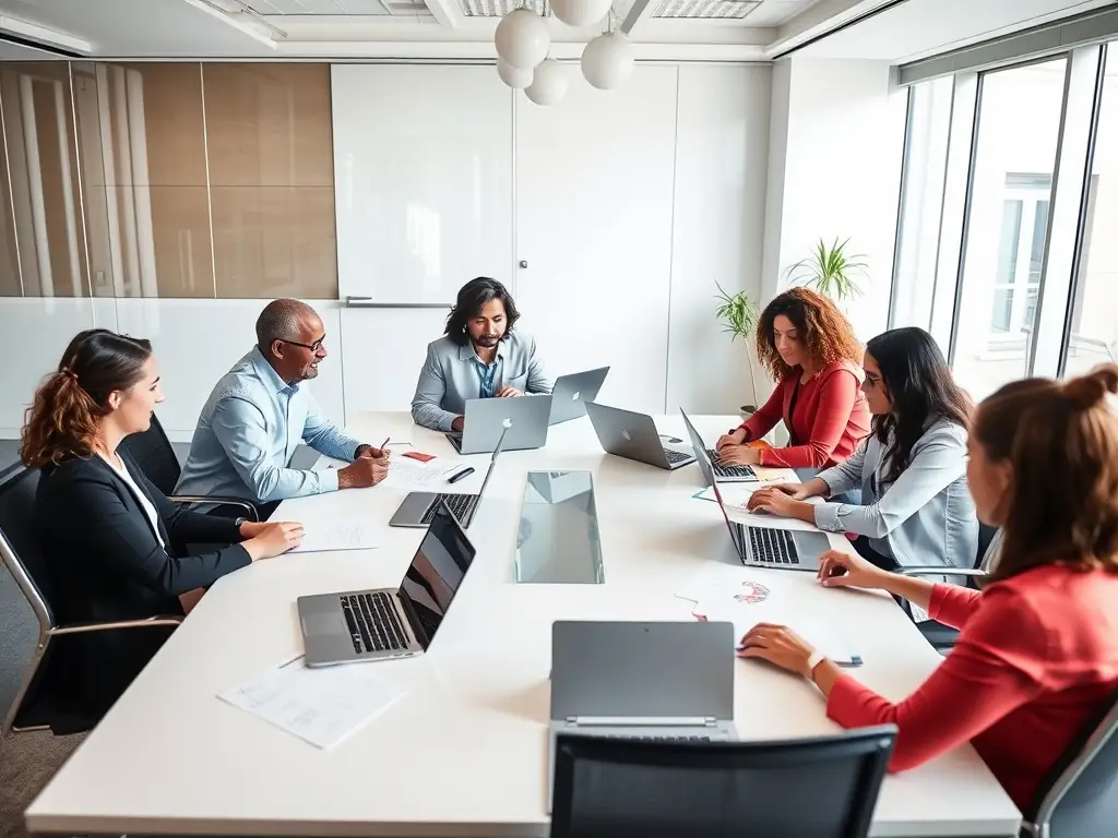 An image of a diverse startup team collaborating in a modern office, with a coach facilitating the discussion, emphasizing teamwork and leadership.
