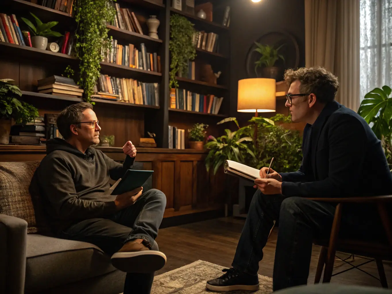 A coach working one-on-one with a startup founder, discussing business strategies and leadership development in a relaxed office setting.