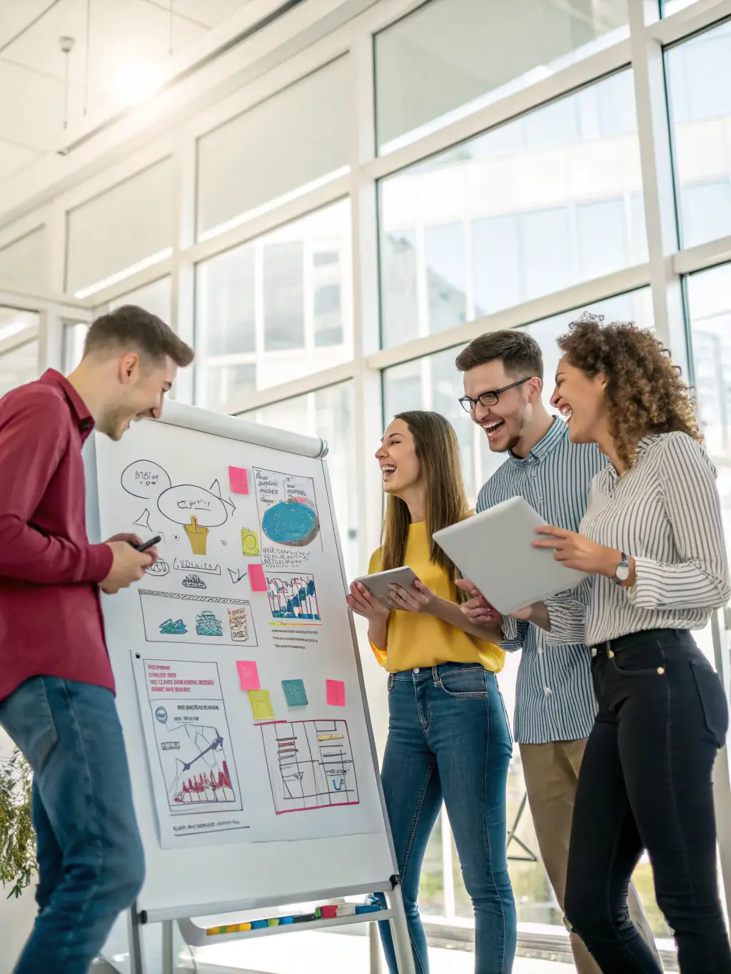 A diverse team of startup employees collaborating around a whiteboard filled with strategic plans and growth projections, reflecting the collaborative approach of LeadNorth's coaching.