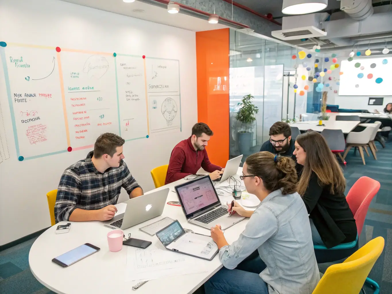 A dynamic team of startup employees brainstorming ideas around a table in a modern office space, reflecting collaborative leadership and innovation.